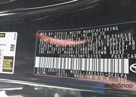 2021 Toyota Corolla Le из США, поврежденный, VIN 5YFEPMAE9MP163101